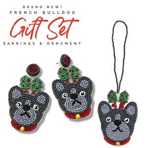 FRENCHIE FRENCH BULLDOG Dog Breed Seed Beaded Earrings & Christmas Ornament SET